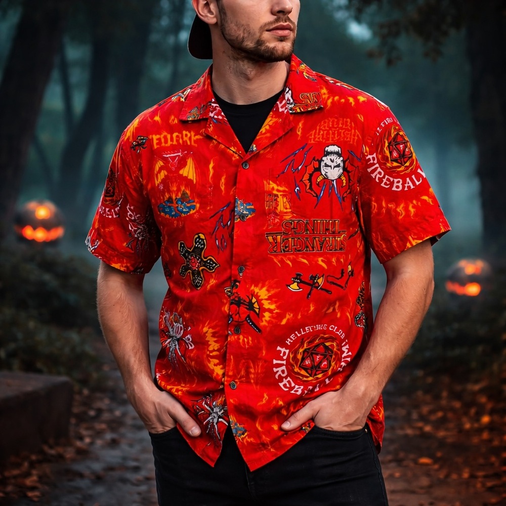 Netflix Stranger Things Hellfire Club Fireball short sleeve button-up shirt XXL